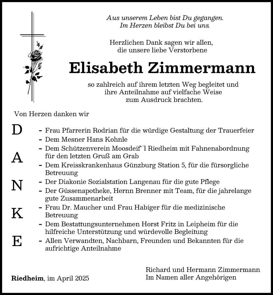 Traueranzeige von Elisabeth Zimmermann von Günzburger Zeitung