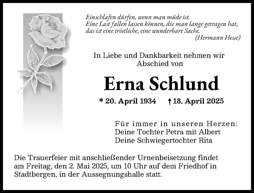  Traueranzeige für Erna Schlund vom 26.04.2025 aus Augsburger Allgemeine