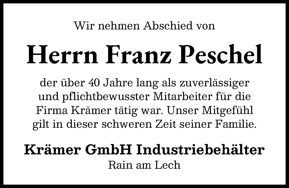 Traueranzeige von Franz Peschel von Donauwörther Zeitung