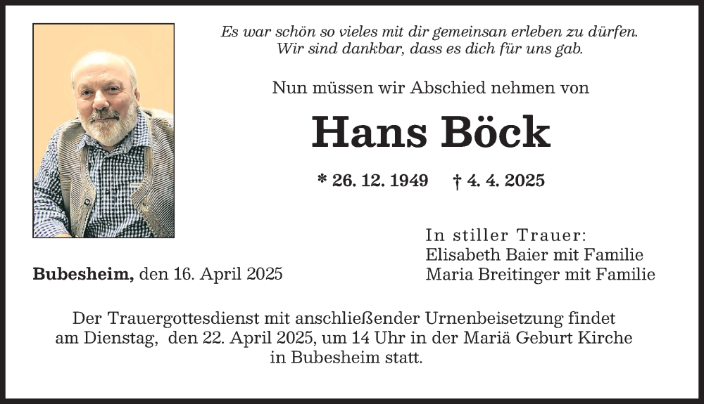 Traueranzeige von Hans Böck von Günzburger Zeitung
