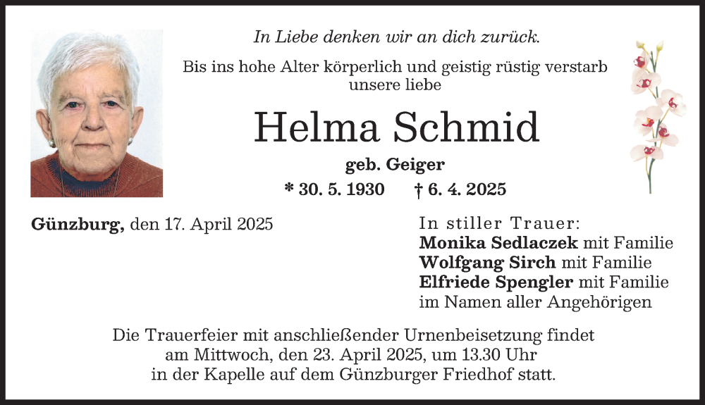 Traueranzeige von Helma Schmid von Günzburger Zeitung