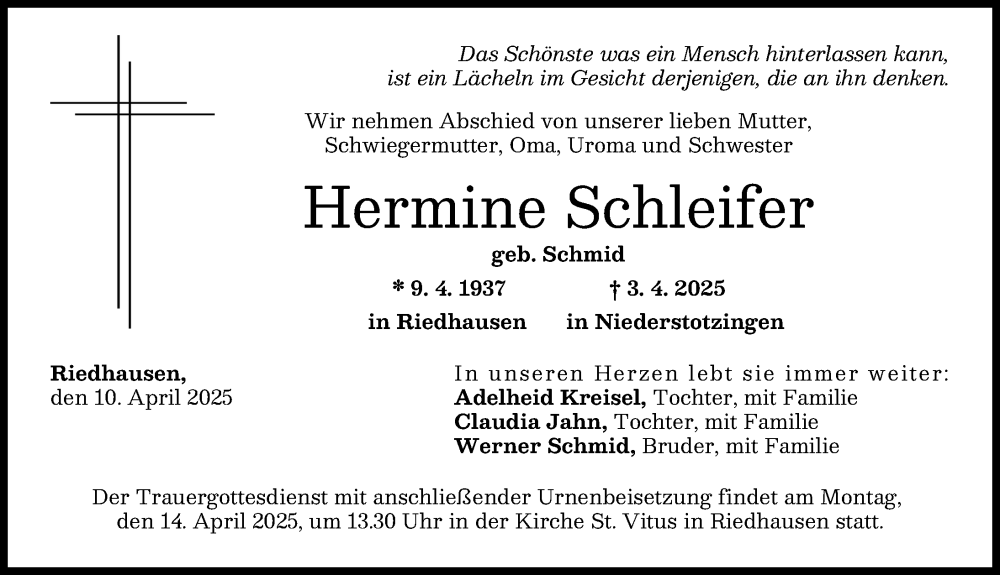 Traueranzeige von Hermine Schleifer von Günzburger Zeitung