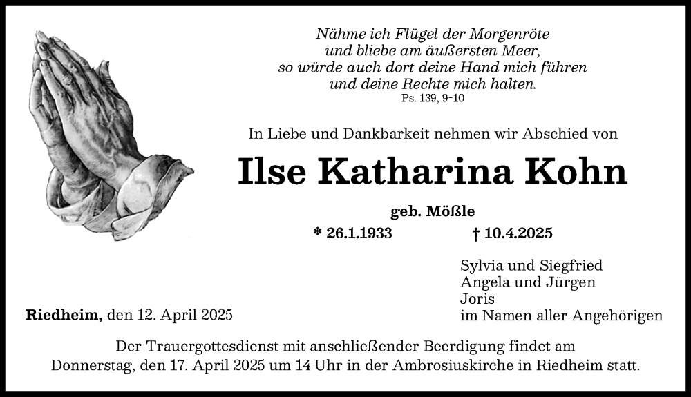 Traueranzeige von Ilse Katharina Kohn von Günzburger Zeitung