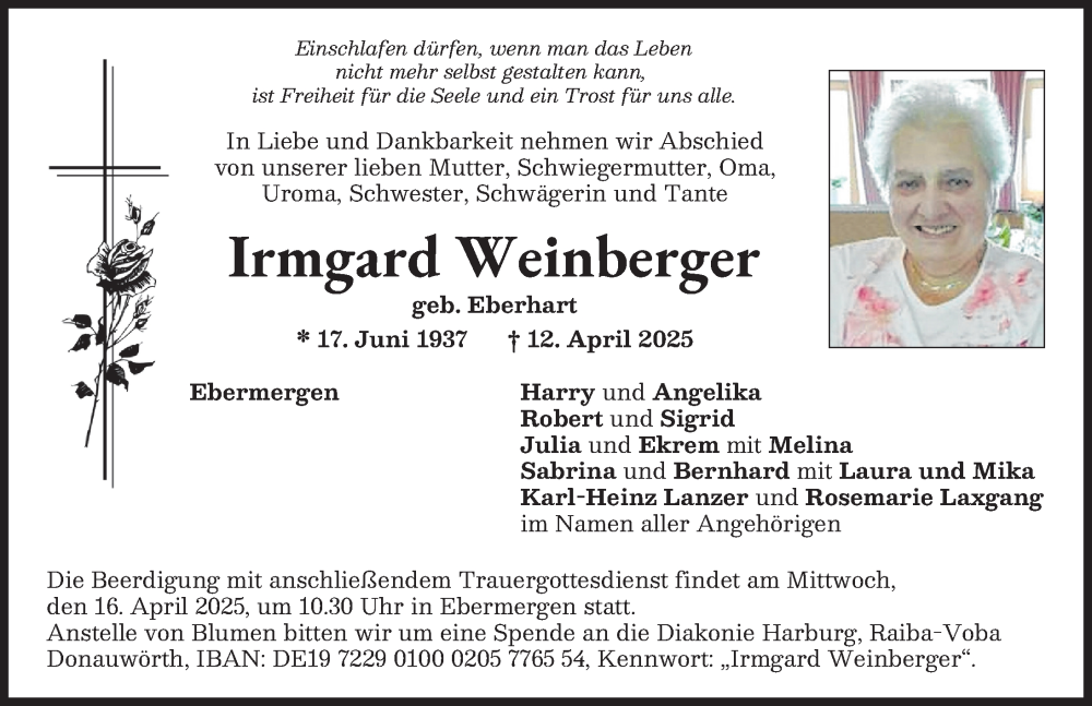 Traueranzeige von Irmgard Weinberger von Donauwörther Zeitung