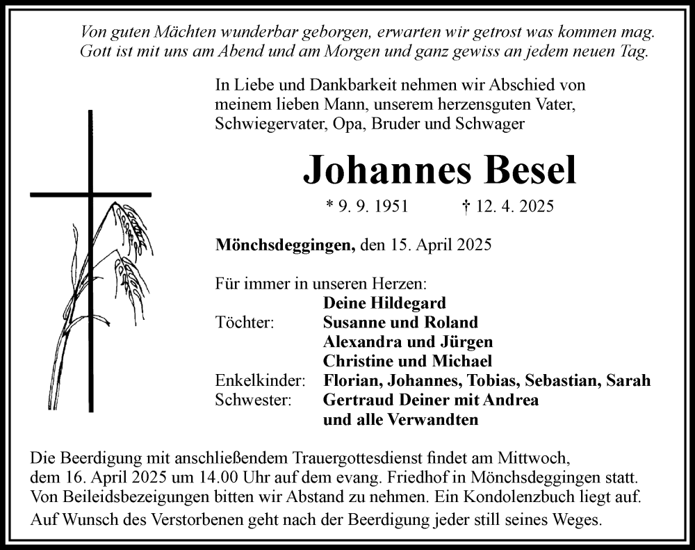  Traueranzeige für Johannes Besel vom 15.04.2025 aus Rieser Nachrichten