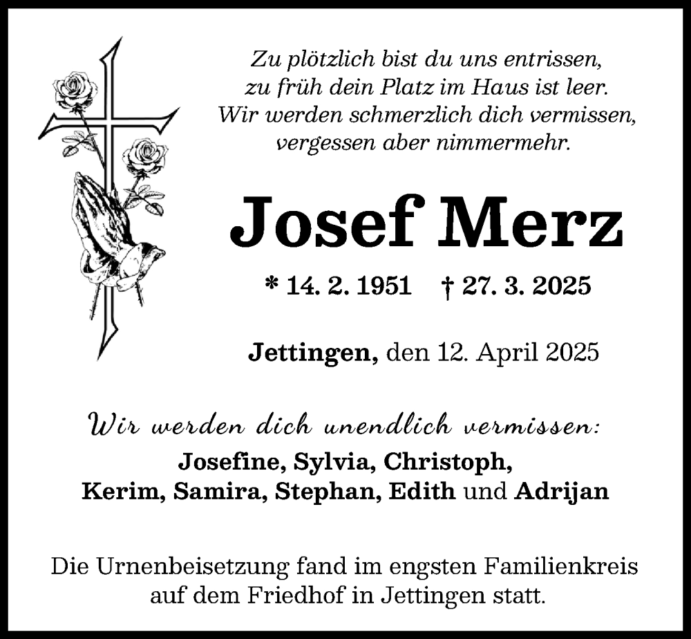 Traueranzeige von Josef Merz von Günzburger Zeitung