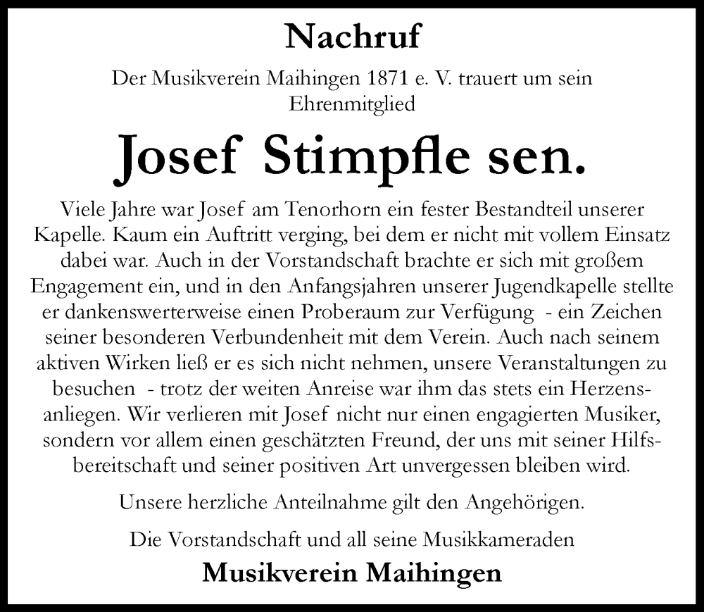 Traueranzeige von Josef Stimpfle von Rieser Nachrichten