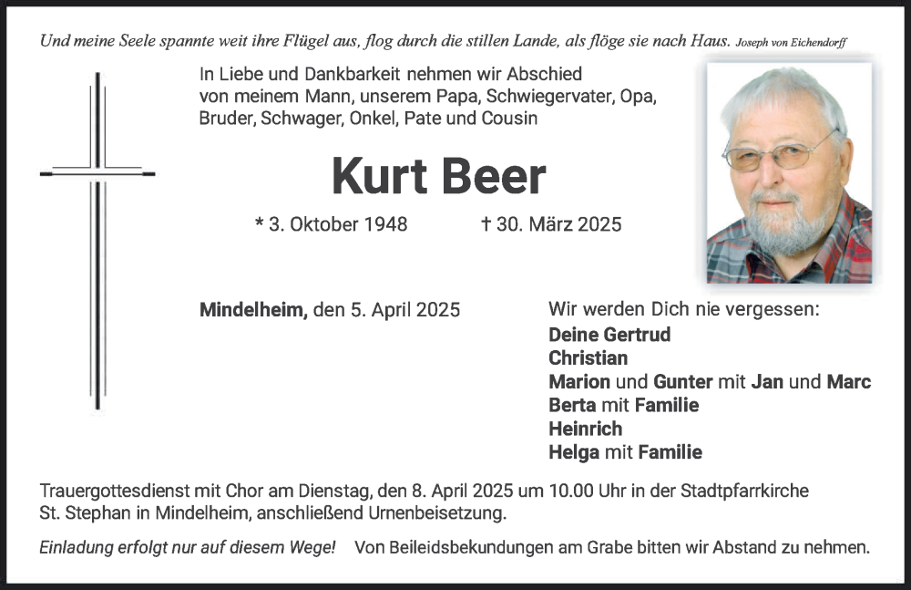 Traueranzeige von Kurt Beer von Mindelheimer Zeitung