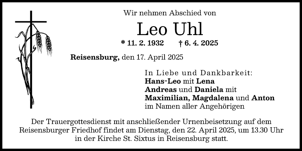 Traueranzeige von Leo Uhl von Günzburger Zeitung