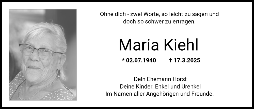 Traueranzeige von Maria Kiehl von Günzburger Zeitung