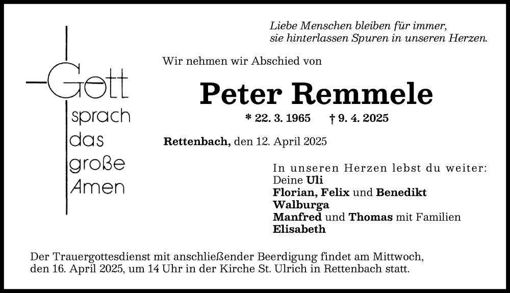 Traueranzeige von Peter Remmele von Günzburger Zeitung