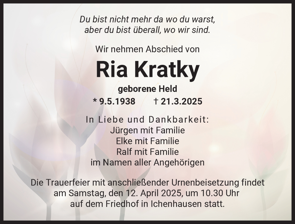 Traueranzeige von Ria Kratky von Günzburger Zeitung