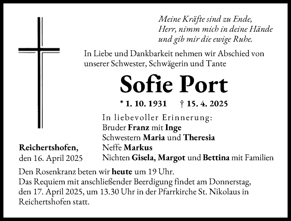 Traueranzeige von Sofie Port von Schwabmünchner Allgemeine
