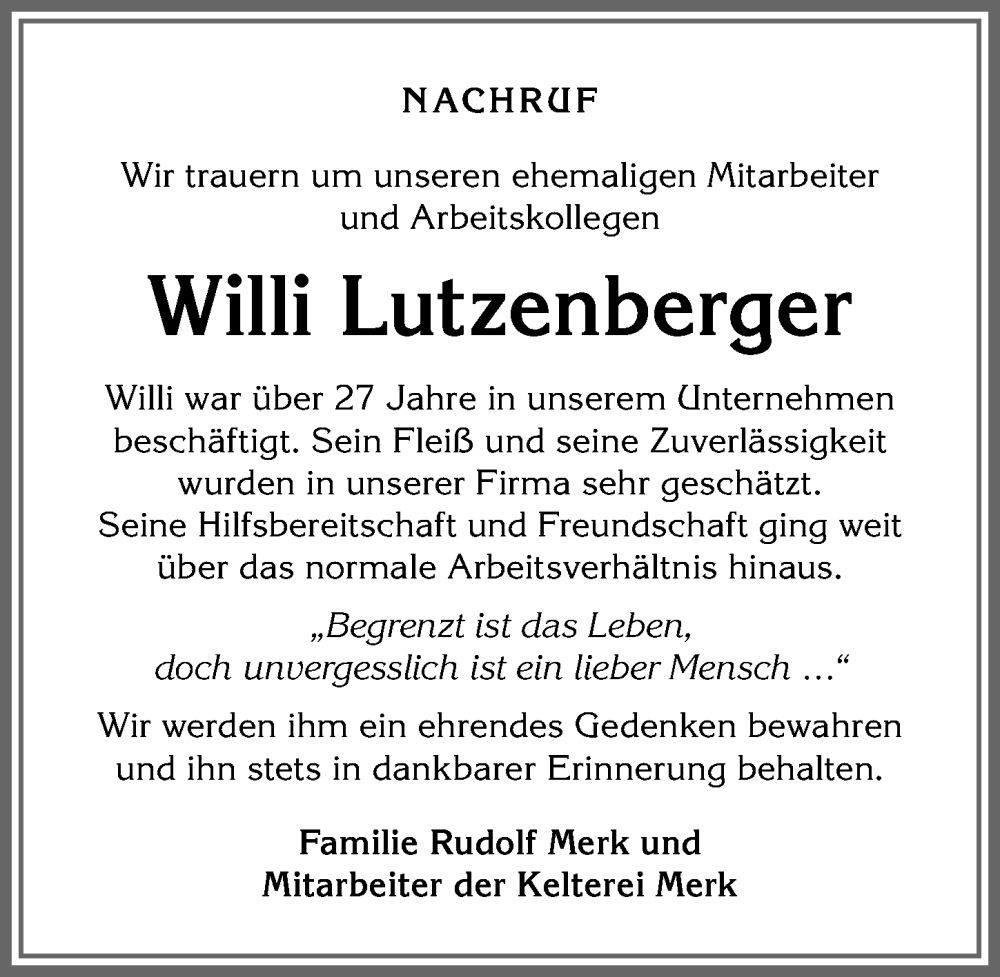 Traueranzeige von Willi Lutzenberger von Schwabmünchner Allgemeine