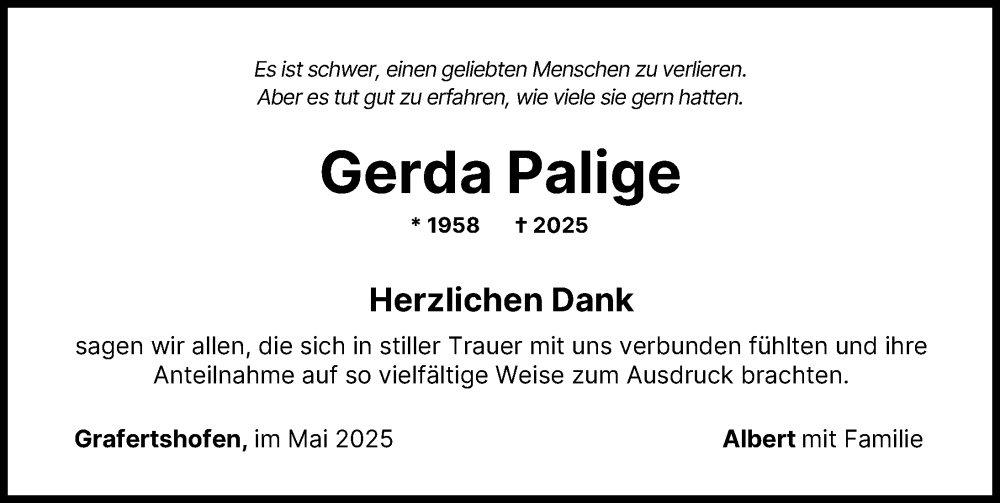 Traueranzeige von Gerda Palige von Neu-Ulmer Zeitung, Mittelschwäbische Nachrichten