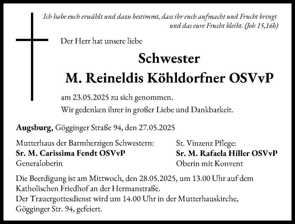 Traueranzeige von M. Reineldis Köhldorfner von Augsburger Allgemeine