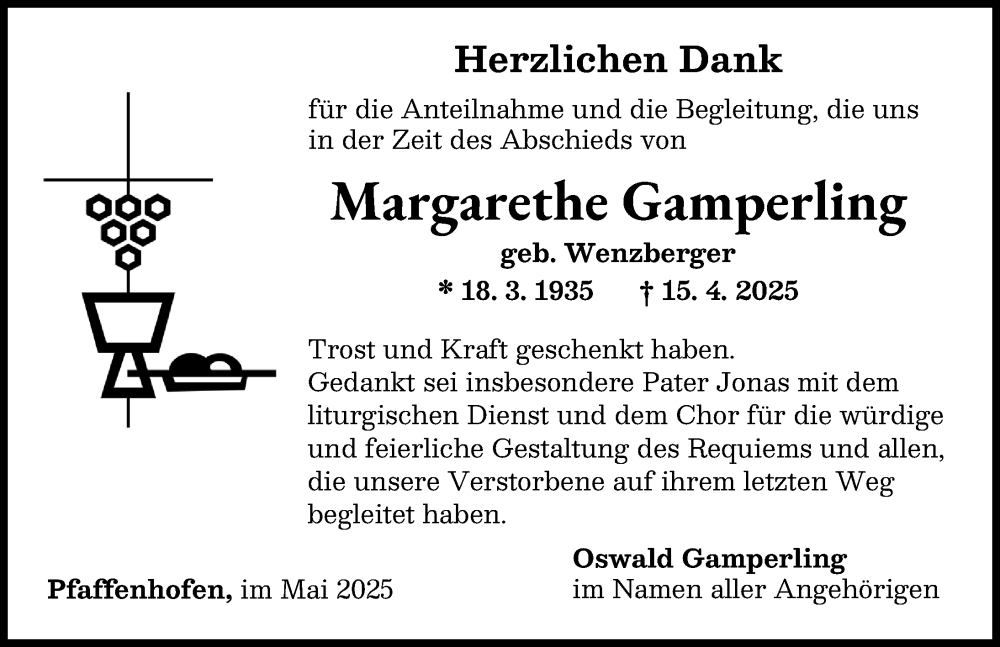  Traueranzeige für Margarethe Gamperling vom 23.05.2025 aus Neu-Ulmer Zeitung