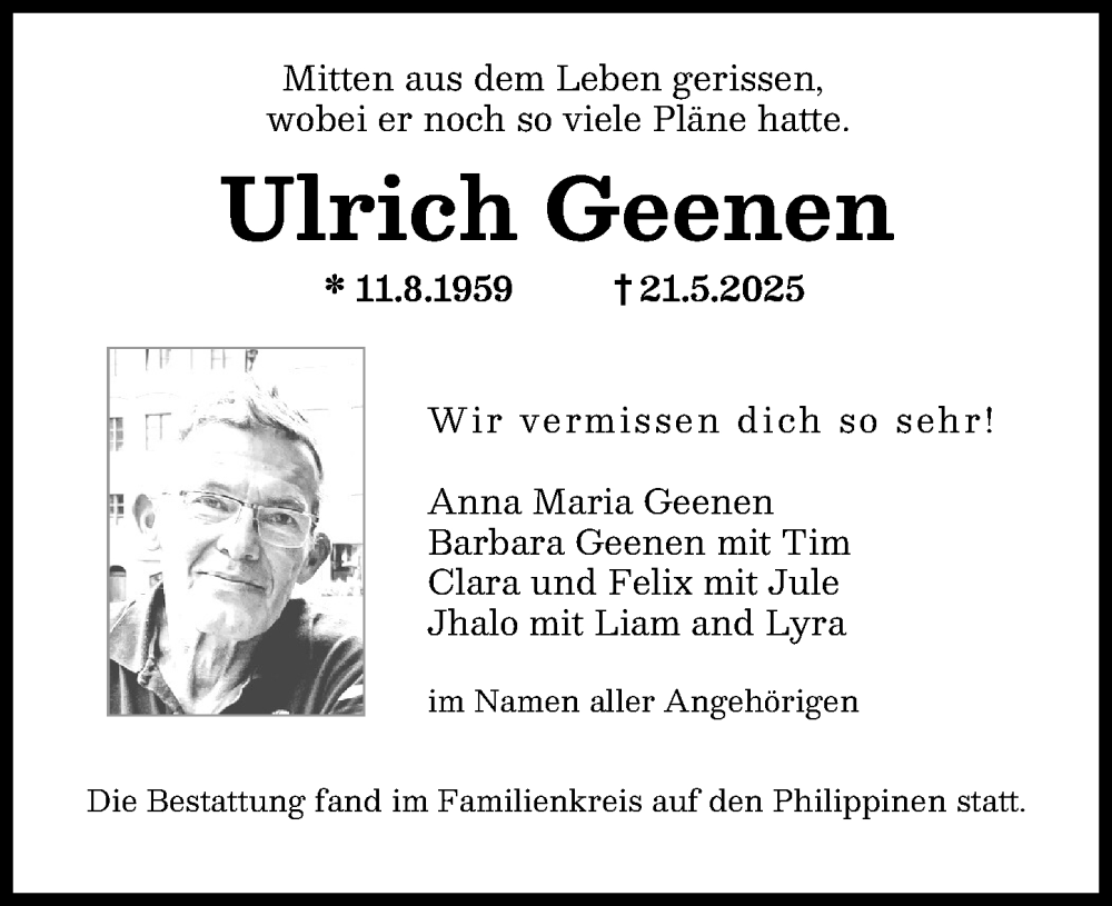 Traueranzeige von Ulrich Geenen von Augsburger Allgemeine