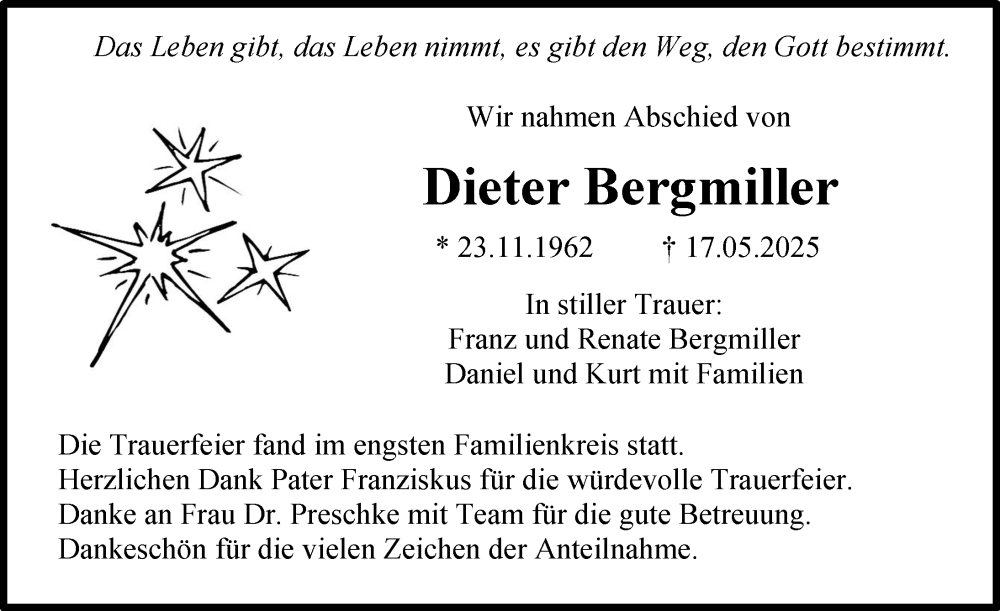 Traueranzeige von Dieter Bergmiller von Illertisser Zeitung