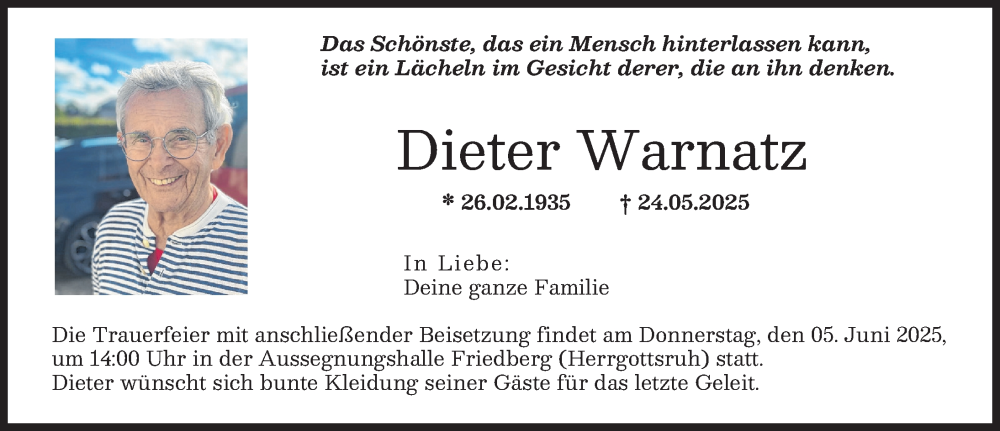 Traueranzeige von Dieter Warnatz von Friedberger Allgemeine