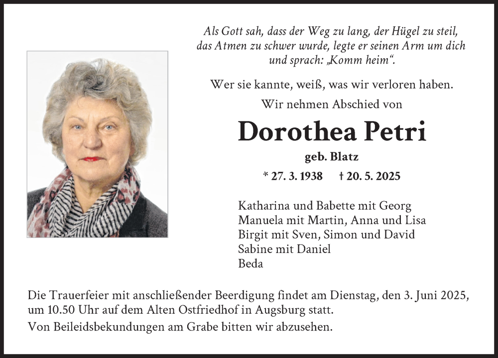 Traueranzeige von Dorothea Petri von Augsburger Allgemeine