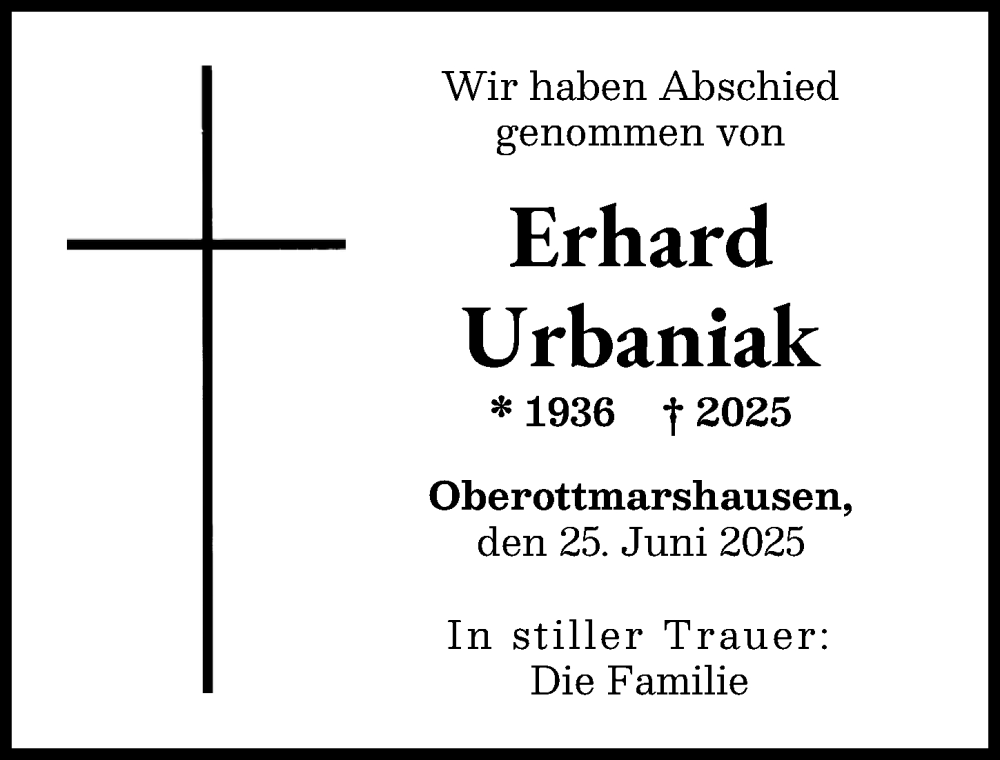 Traueranzeige von Erhard Urbaniak von Schwabmünchner Allgemeine