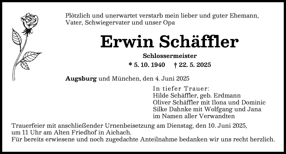 Traueranzeige von Erwin Schäffler von Augsburger Allgemeine
