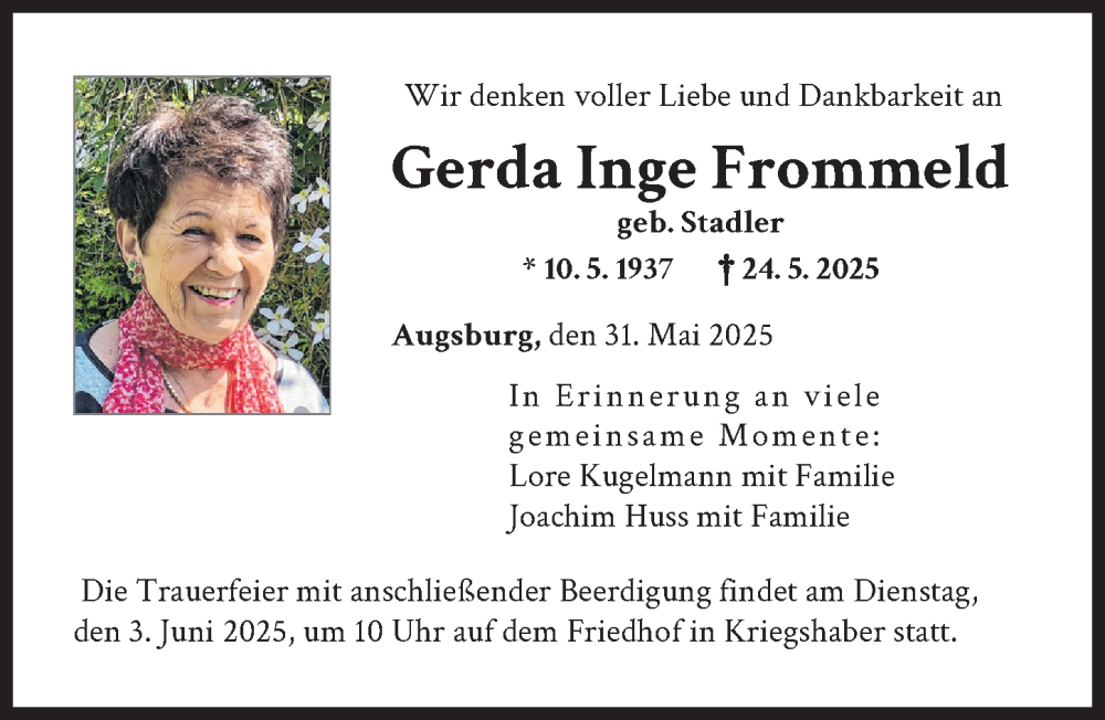 Traueranzeige von Gerda Inge Frommeld von Augsburger Allgemeine