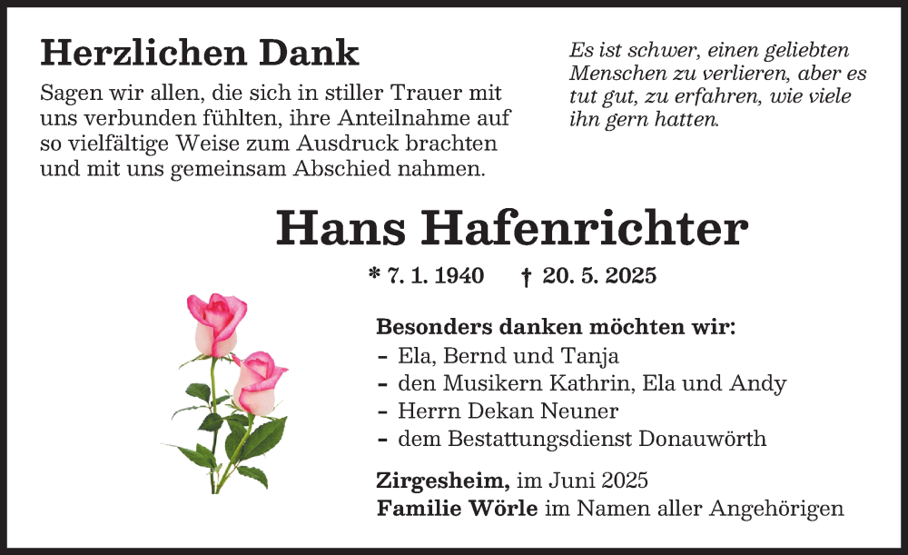 Traueranzeige von Hans Hafenrichter von Donauwörther Zeitung