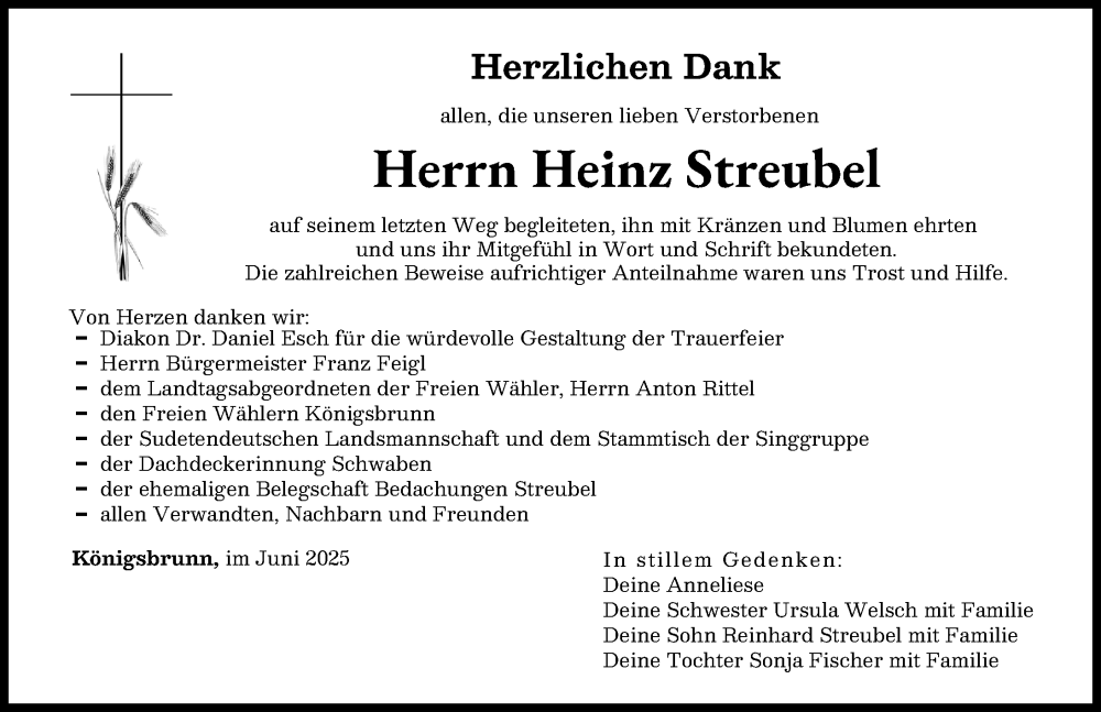 Traueranzeige von Heinz Streubel von Augsburger Allgemeine