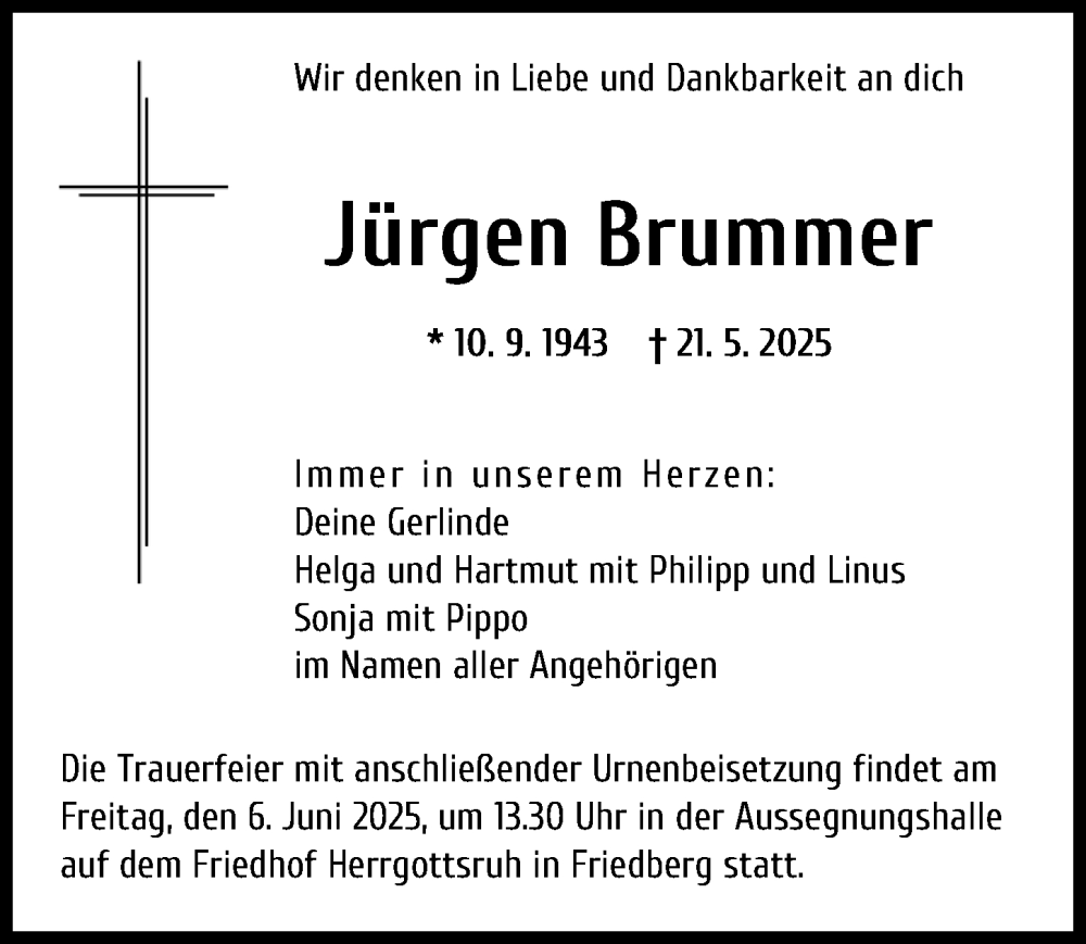 Traueranzeige von Jürgen Brummer von Friedberger Allgemeine