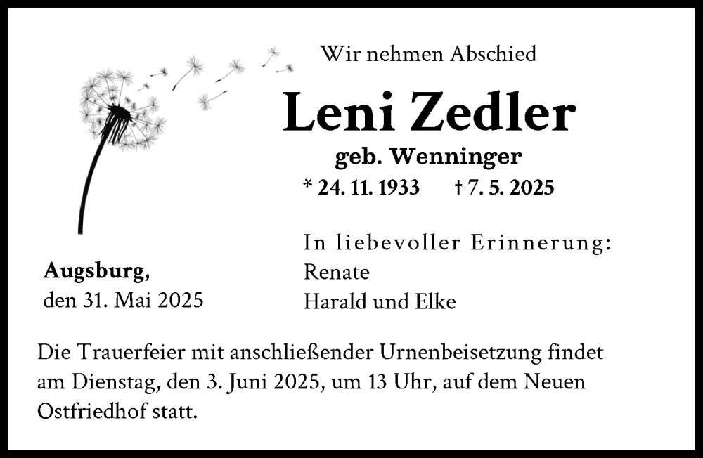 Traueranzeige von Leni Zedler von Augsburger Allgemeine
