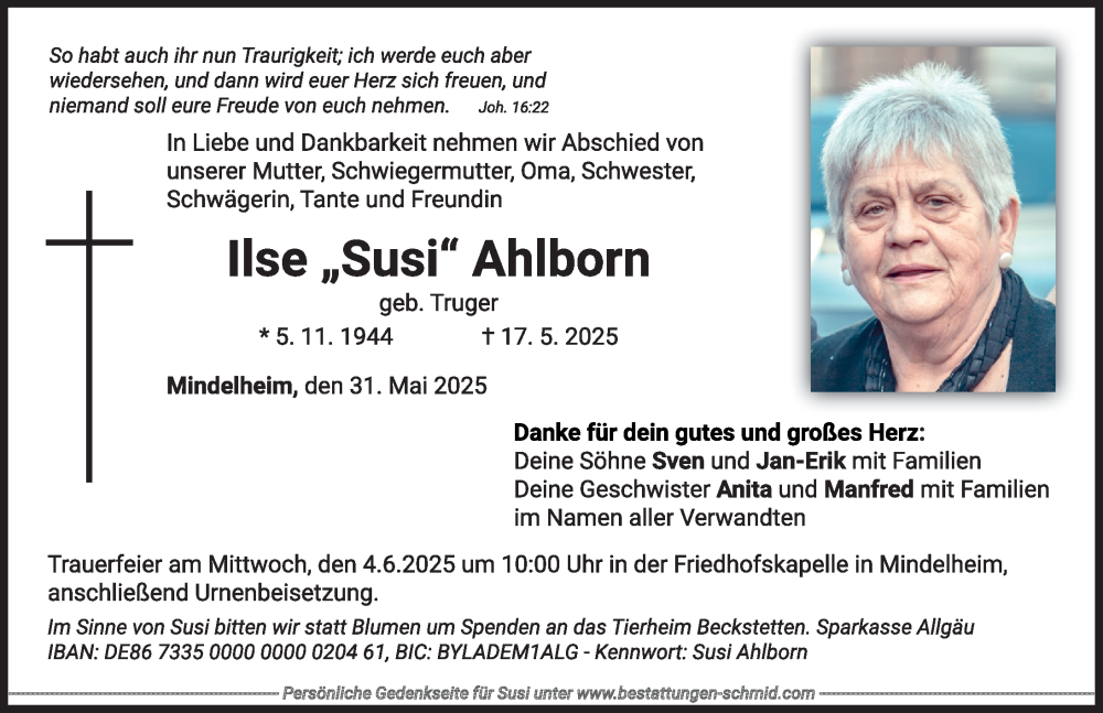 Traueranzeige von Lise Ahlborn von Mindelheimer Zeitung
