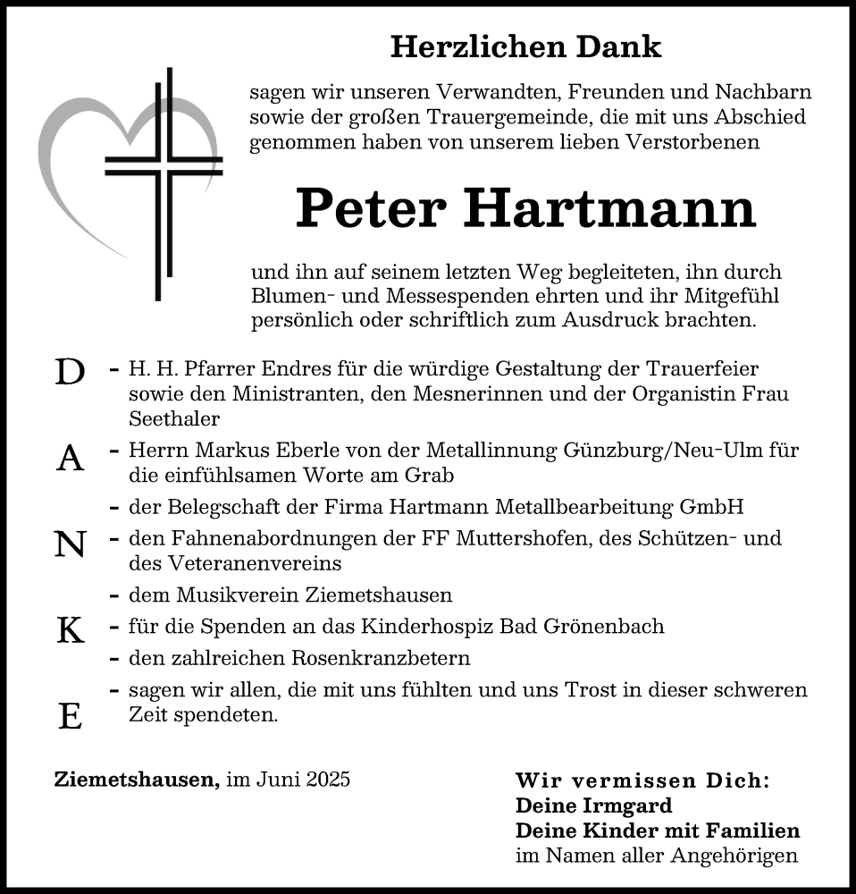 Traueranzeige von Peter Hartmann von Mittelschwäbische Nachrichten, Günzburger Zeitung