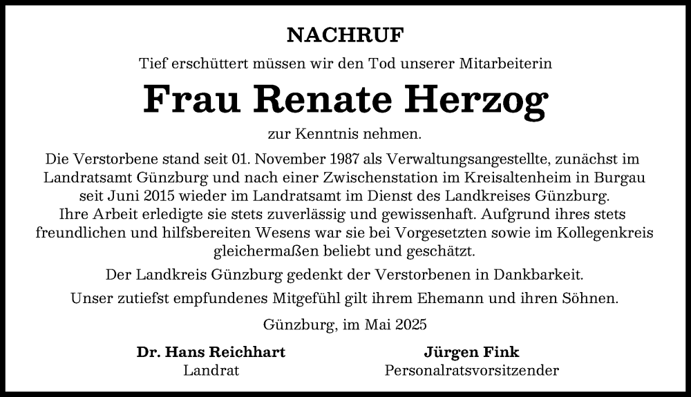 Traueranzeige von Renate Herzog von Günzburger Zeitung