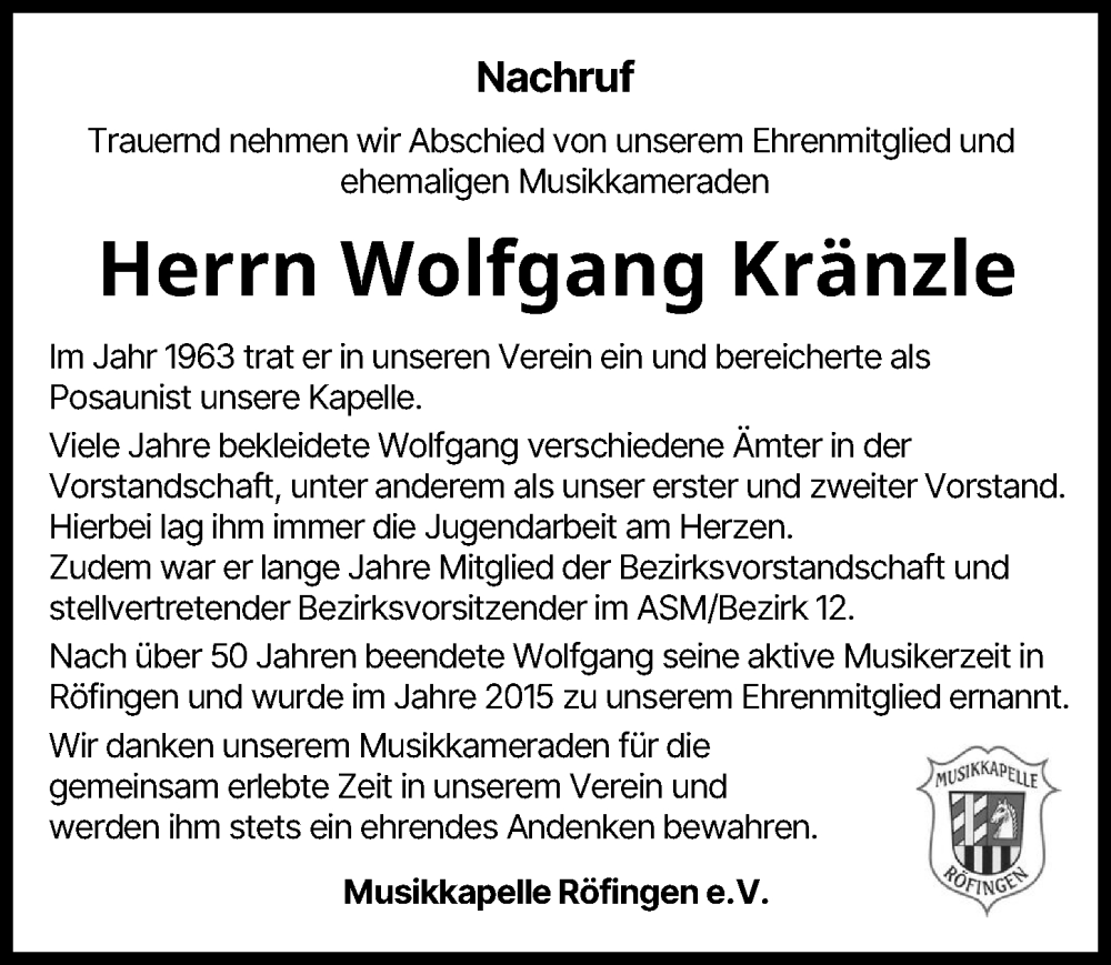 Traueranzeige von Wolfgang Kränzle von Günzburger Zeitung