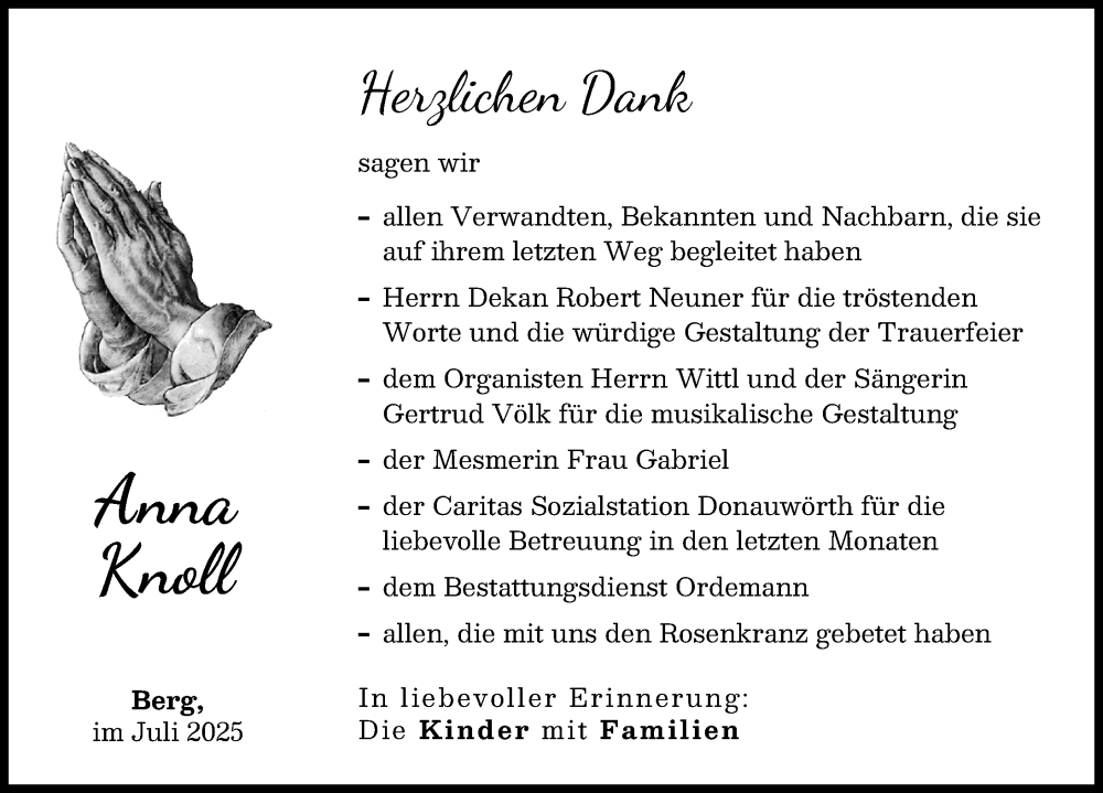 Traueranzeige von Anna Knoll von Donauwörther Zeitung