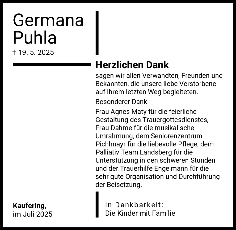 Traueranzeige von Germana Puhla von Landsberger Tagblatt
