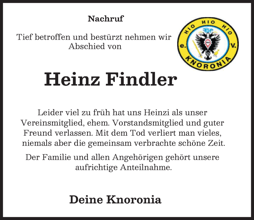 Traueranzeige von Heinz Findler von Günzburger Zeitung
