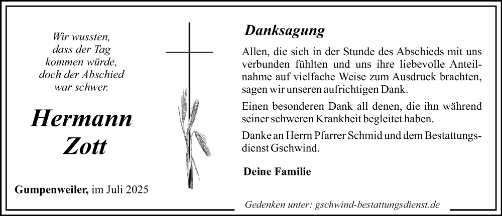Traueranzeige von Hermann Zott von Schwabmünchner Allgemeine