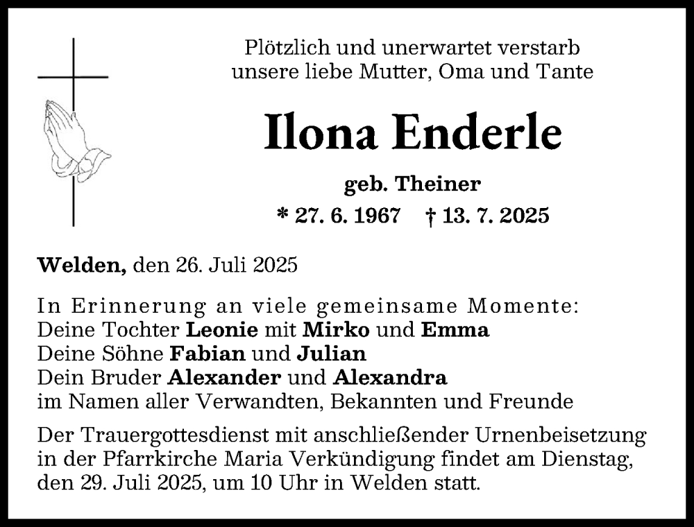  Traueranzeige für Ilona Enderle vom 26.07.2025 aus Augsburg-Land