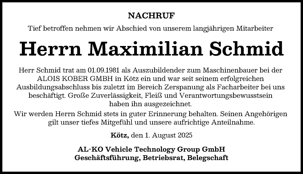Traueranzeige von Maximilian Schmid von Günzburger Zeitung