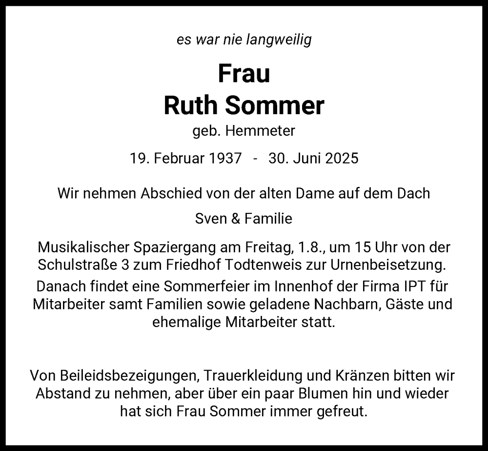  Traueranzeige für Ruth Sommer vom 26.07.2025 aus Aichacher Nachrichten