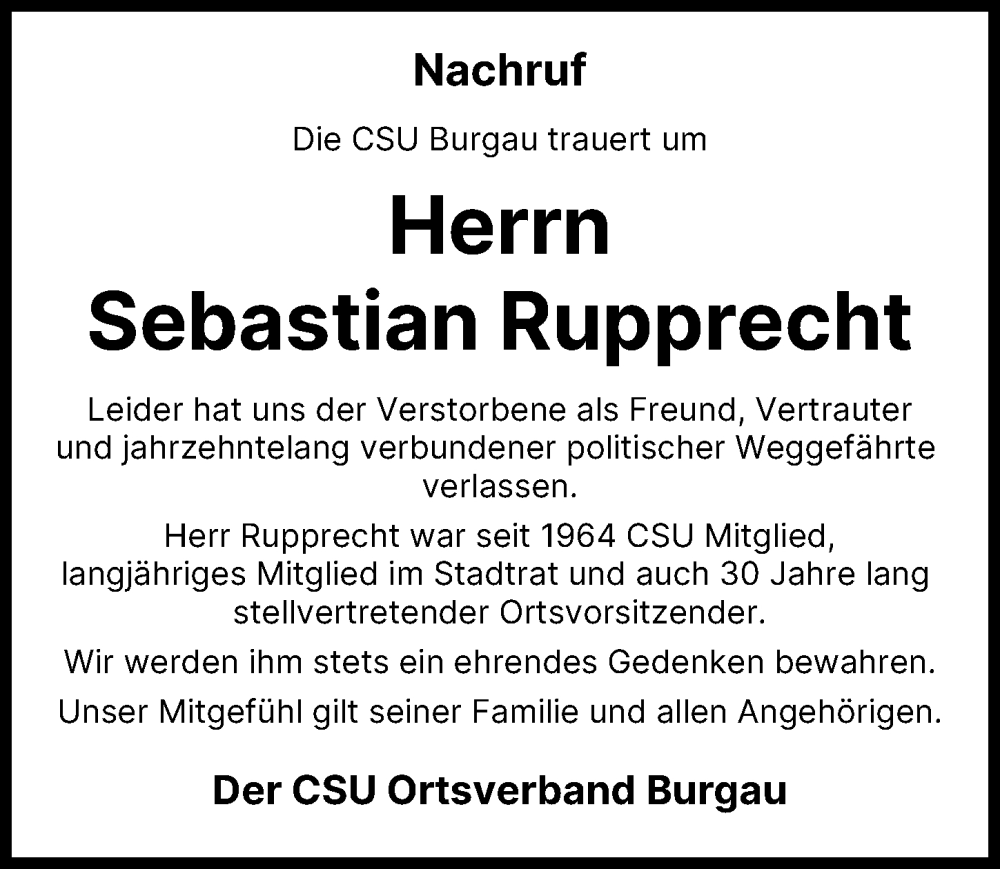 Traueranzeige von Sebastian Rupprecht von Günzburger Zeitung