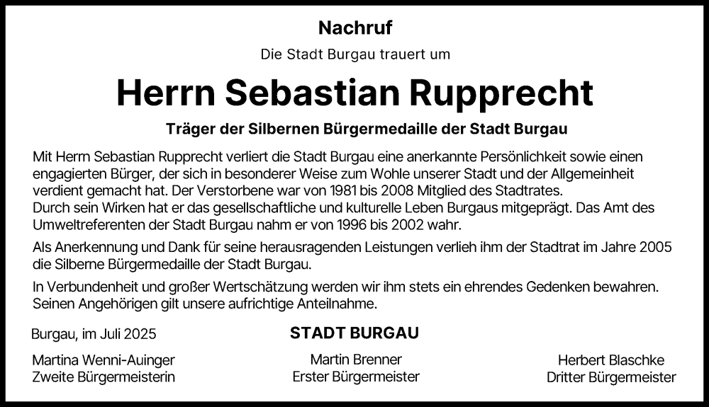 Traueranzeige von Sebastian Rupprecht von Günzburger Zeitung