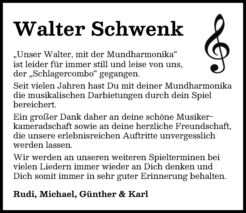 Traueranzeige von Walter Schwenk von Günzburger Zeitung