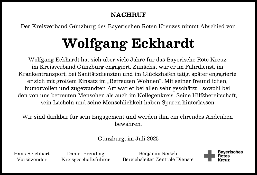 Traueranzeige von Wolfgang Eckhardt von Günzburger Zeitung