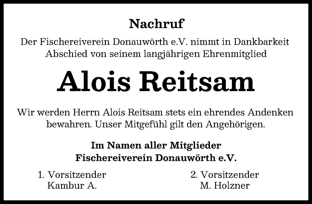 Traueranzeige von Alois Reitsam von Donauwörther Zeitung