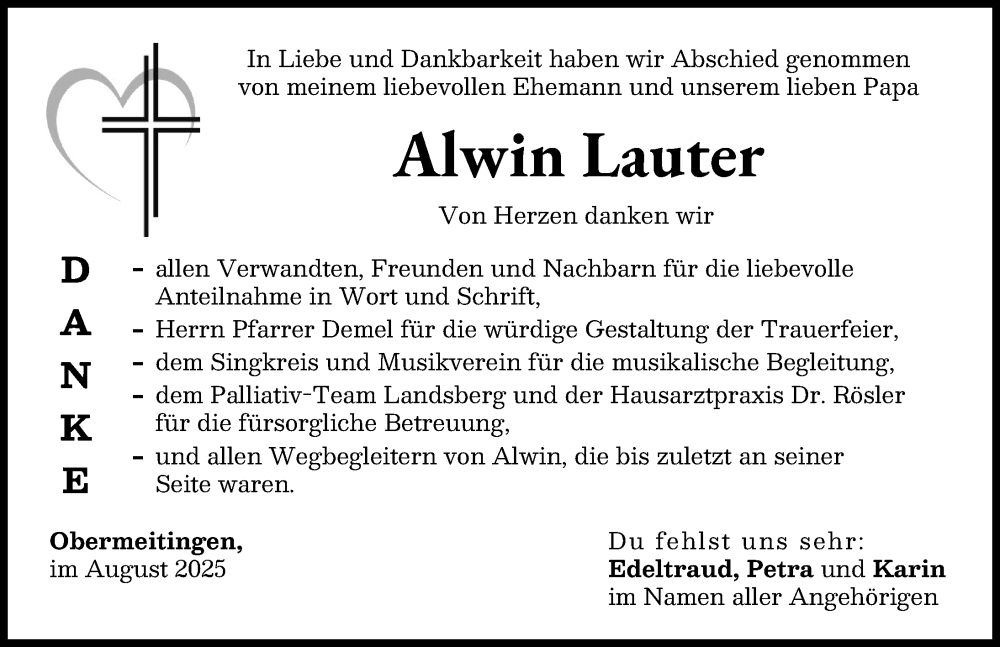 Traueranzeige von Alwin Lauter von Schwabmünchner Allgemeine