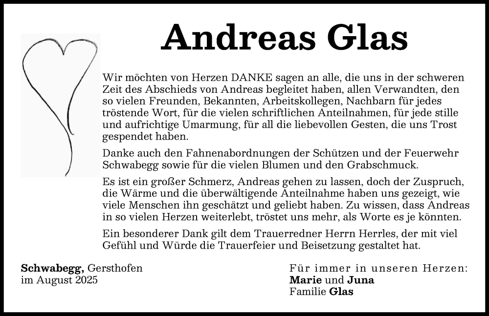Traueranzeige von Andreas Glas von Augsburger Allgemeine, Schwabmünchner Allgemeine